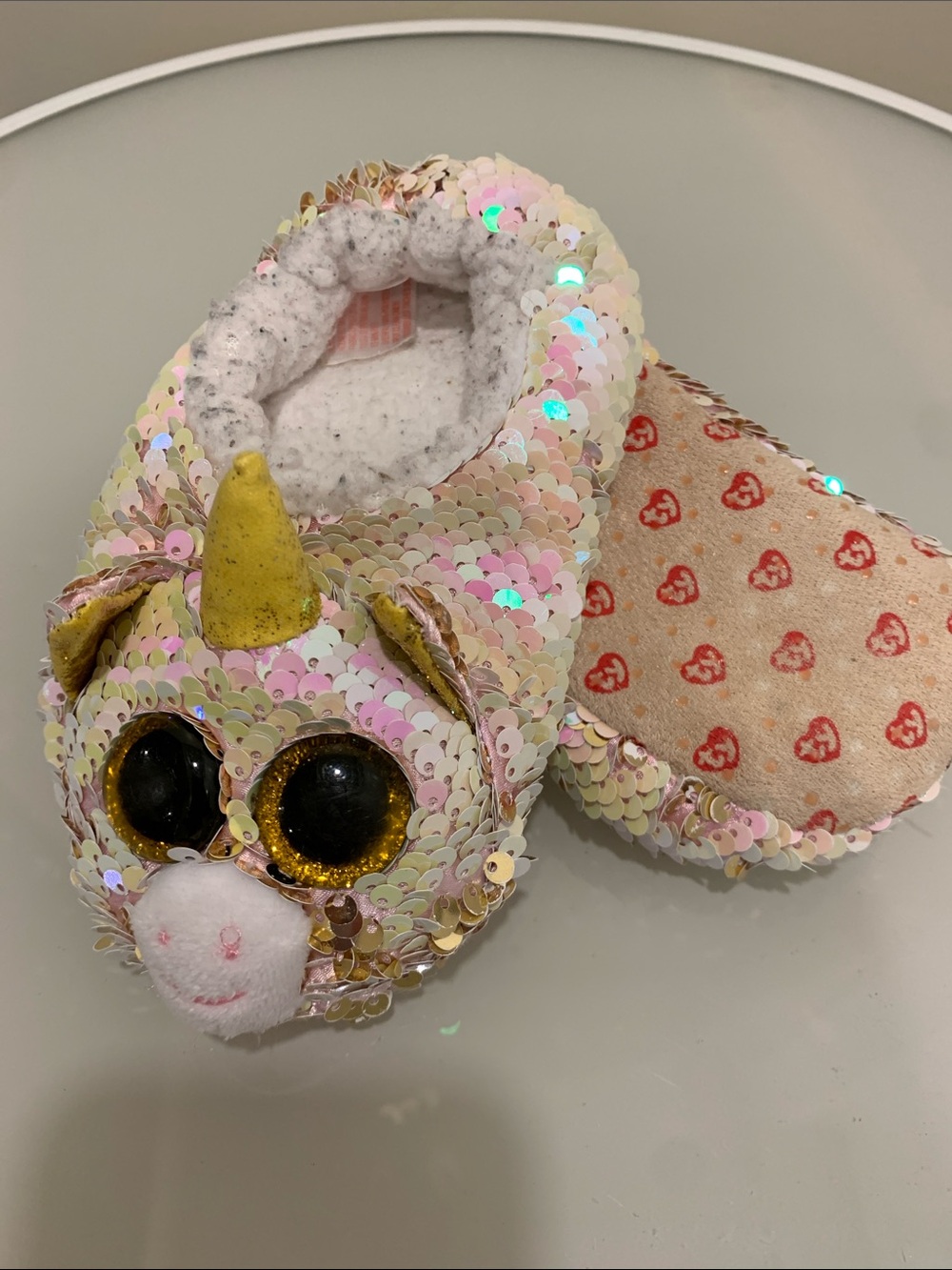 Ty Kids Size 11 Sequin Unicorn Slippers - Iridescent Pink/Gold/White